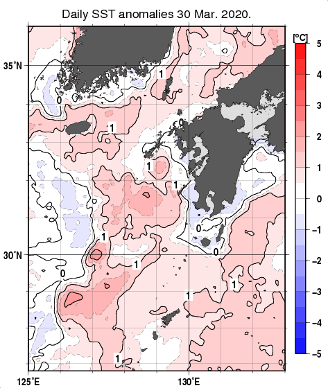 九州・山口県周辺海域の海面水温平年差分布図（3月30日）