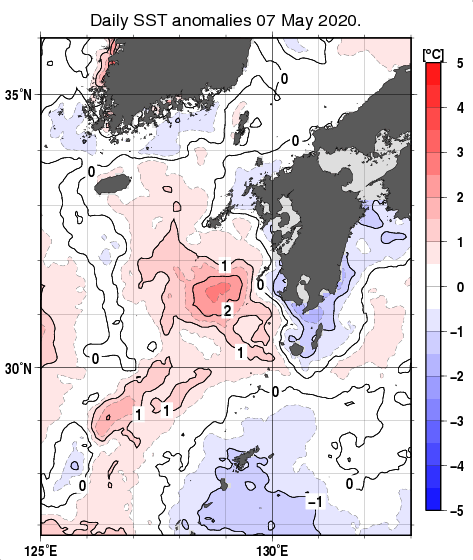 九州・山口県周辺海域の海面水温平年差分布図（5月7日）