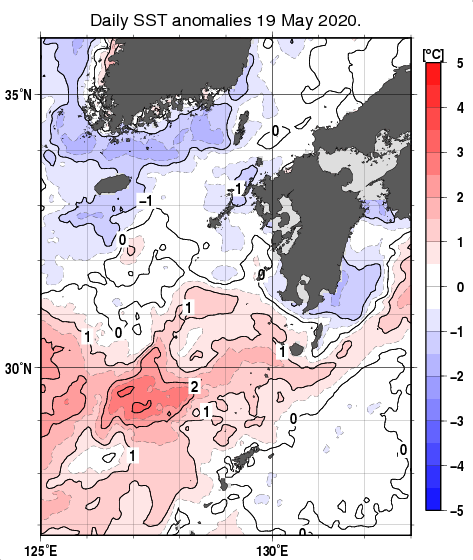 九州・山口県周辺海域の海面水温平年差分布図（5月19日）