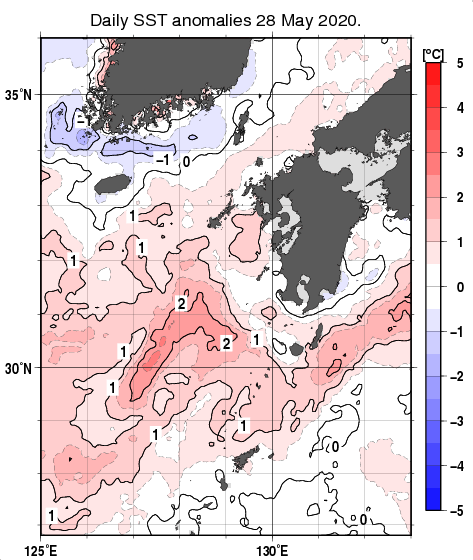 九州・山口県周辺海域の海面水温平年差分布図（5月28日）