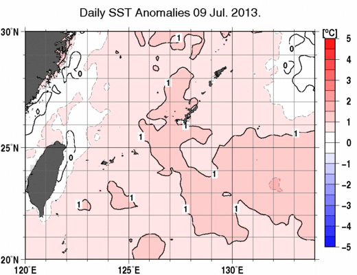 沖縄周辺海域の海面水温偏差分布図（7月9日）