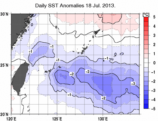 沖縄周辺海域の海面水温偏差分布図（7月18日）
