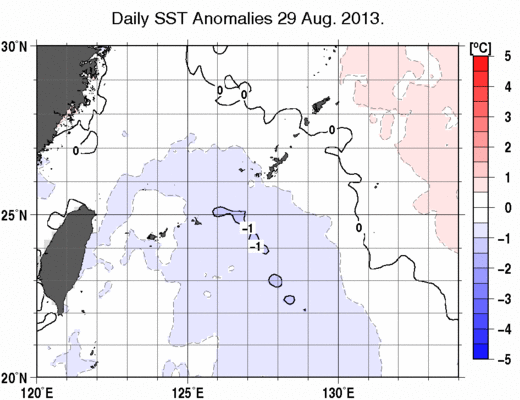 沖縄周辺海域の海面水温平年差分布図（8月29日）