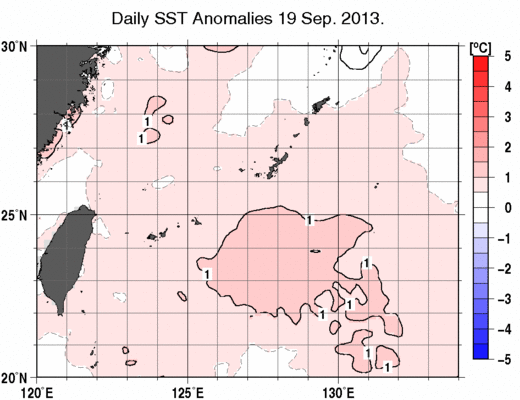 沖縄周辺海域の海面水温平年差分布図（9月19日）