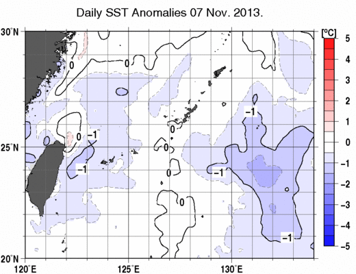 沖縄周辺海域の海面水温平年差分布図（11月7日）
