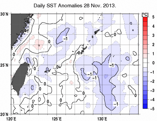 沖縄周辺海域の海面水温平年差分布図（11月28日）