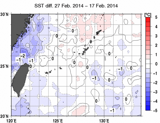 沖縄周辺海域の10日間の海面水温変化量分布図（2月27日）