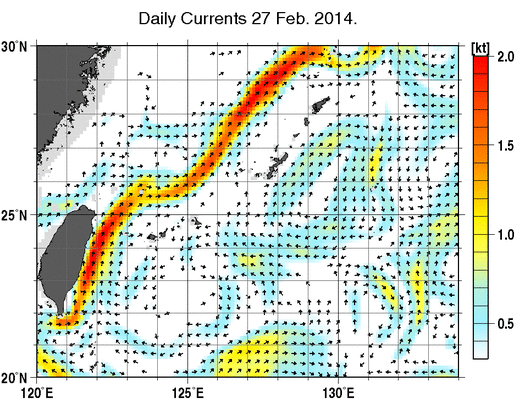 沖縄周辺海域の深さ50mの海流分布図（2月27日）