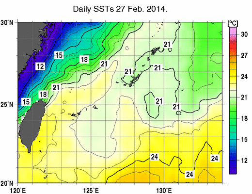 沖縄周辺海域の海面水温分布図（2月27日）