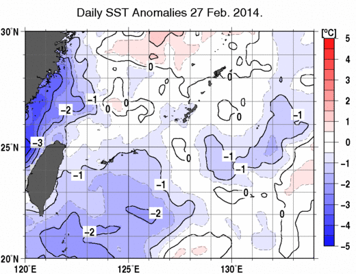 沖縄周辺海域の海面水温平年差分布図（2月27日）
