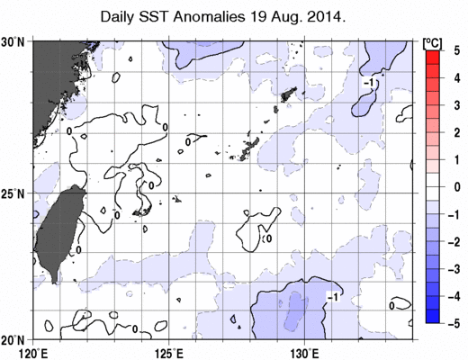 沖縄周辺海域の海面水温平年差分布図（8月19日）