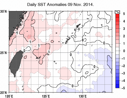 沖縄周辺海域の海面水温平年差分布図（11月9日）