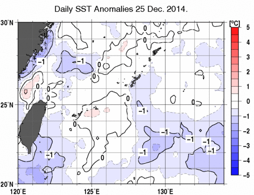 沖縄周辺海域の海面水温平年差分布図（12月25日）
