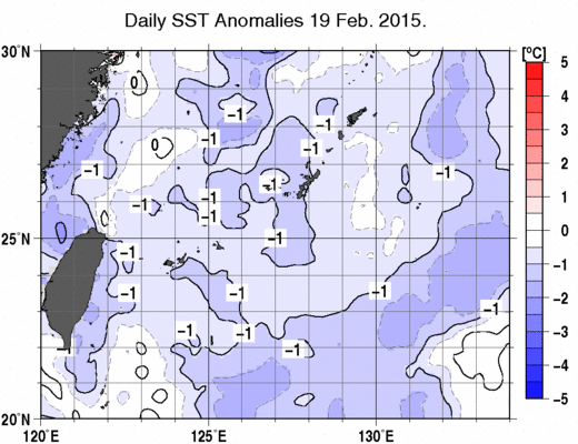 沖縄周辺海域の海面水温平年差分布図（2月19日）