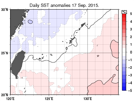 沖縄周辺海域の海面水温平年差分布図（9月17日）