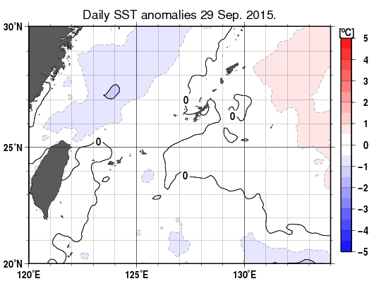 沖縄周辺海域の海面水温平年差分布図（9月29日）