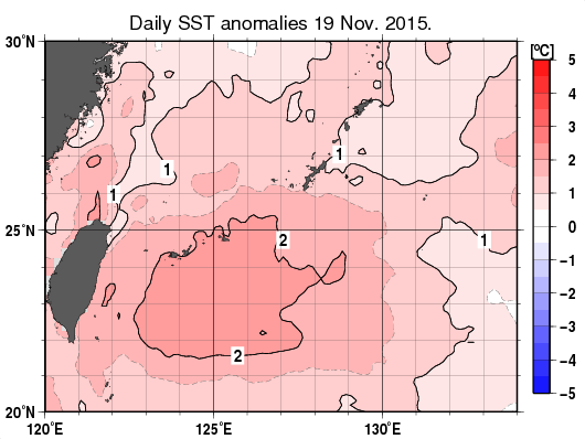 沖縄周辺海域の海面水温平年差分布図（11月19日）