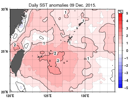 沖縄周辺海域の海面水温平年差分布図（12月9日）
