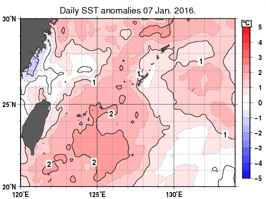 沖縄周辺海域の海面水温平年差分布図（1月7日）