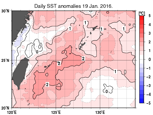 沖縄周辺海域の海面水温平年差分布図（1月19日）
