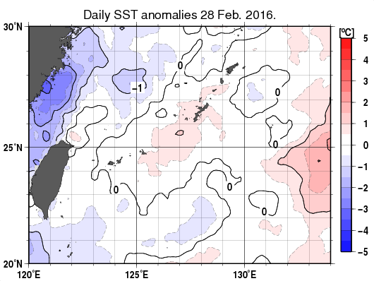 沖縄周辺海域の海面水温平年差分布図（2月28日）