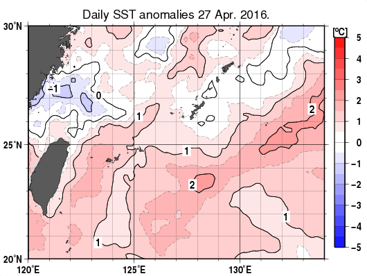 沖縄周辺海域の海面水温平年差分布図（4月27日）