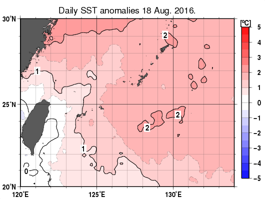 沖縄周辺海域の海面水温平年差分布図（8月18日）