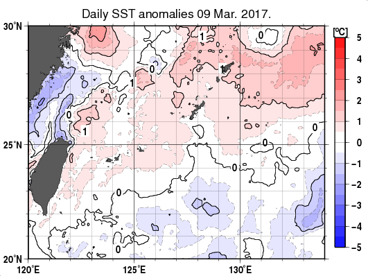 沖縄周辺海域の海面水温平年差分布図（3月9日）