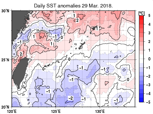 沖縄周辺海域の海面水温平年差分布図（3月29日）