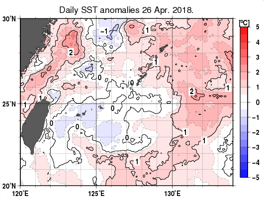 沖縄周辺海域の海面水温平年差分布図（4月26日）