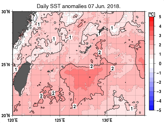 沖縄周辺海域の海面水温平年差分布図（6月7日）