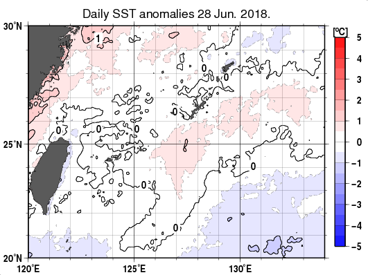 沖縄周辺海域の海面水温平年差分布図（6月28日）