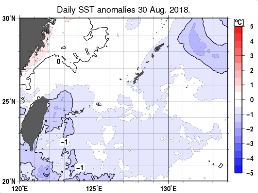 沖縄周辺海域の海面水温平年差分布図（8月30日）