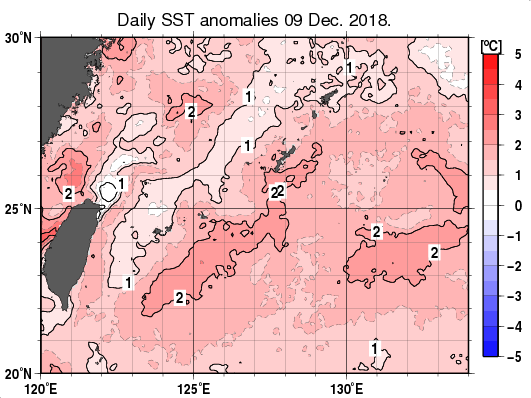 沖縄周辺海域の海面水温平年差分布図（12月9日）