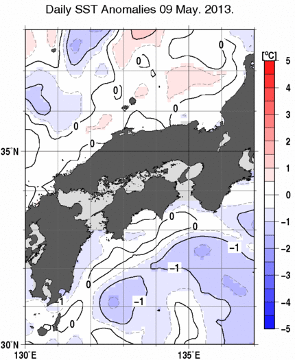 近畿・中国・四国周辺海域の海面水温偏差分布図（5月9日）