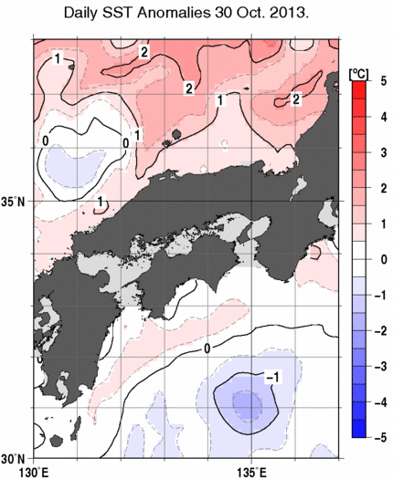近畿・中国・四国周辺海域の海面水温平年差分布図（10月30日）