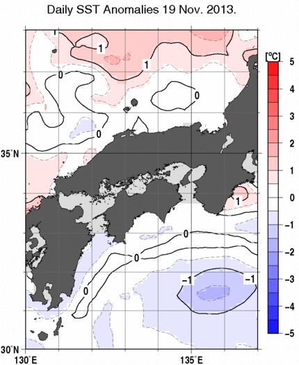 近畿・中国・四国周辺海域の海面水温平年差分布図（11月19日）