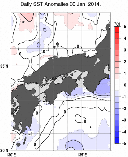 近畿・中国・四国周辺海域の海面水温平年差分布図（1月30日）