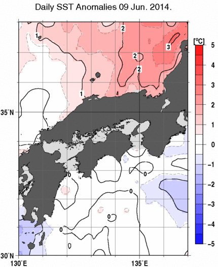 近畿・中国・四国周辺海域の海面水温平年差分布図（6月9日）