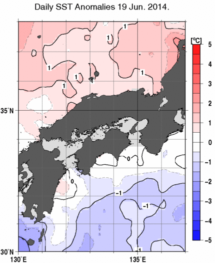 近畿・中国・四国周辺海域の海面水温平年差分布図（6月19日）