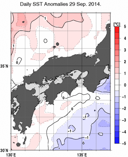 近畿・中国・四国周辺海域の海面水温平年差分布図（9月29日）
