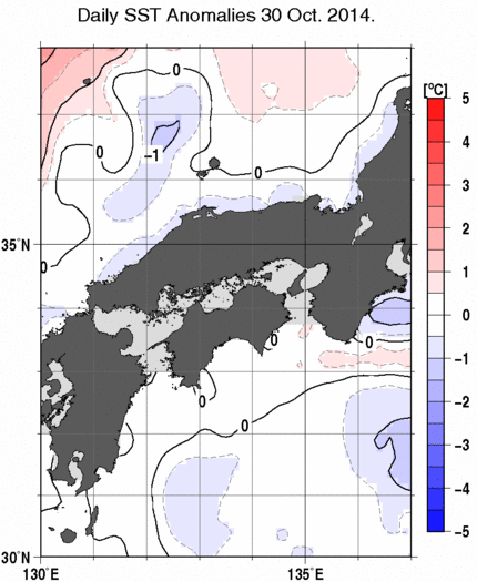 近畿・中国・四国周辺海域の海面水温平年差分布図（10月30日）