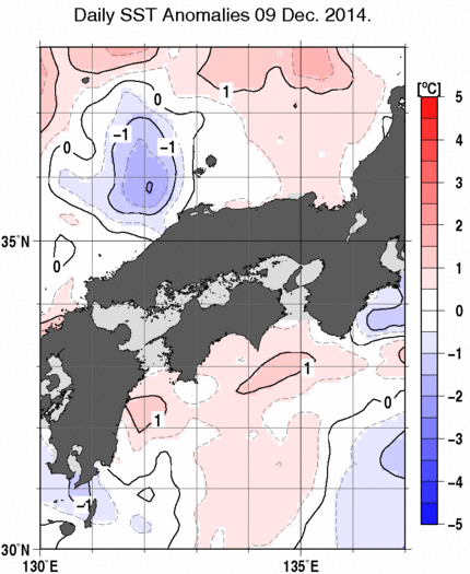 近畿・中国・四国周辺海域の海面水温平年差分布図（12月9日）