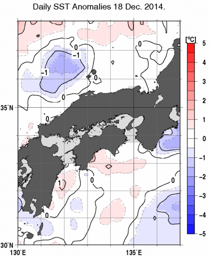 近畿・中国・四国周辺海域の海面水温平年差分布図（12月18日）