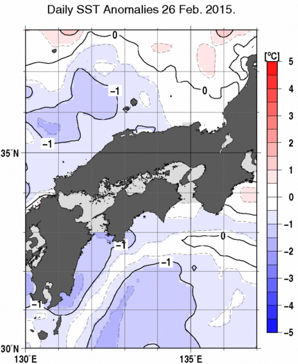 近畿・中国・四国周辺海域の海面水温平年差分布図（2月26日）