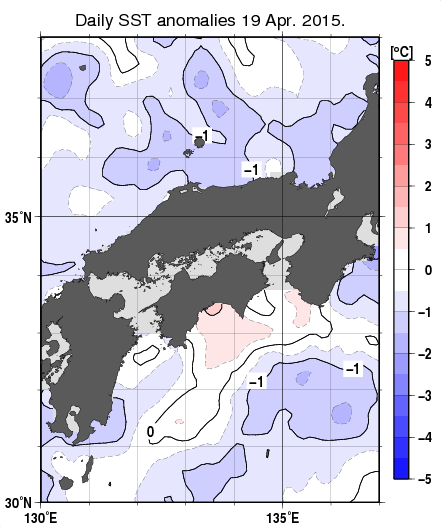 近畿・中国・四国周辺海域の海面水温平年差分布図（4月19日）