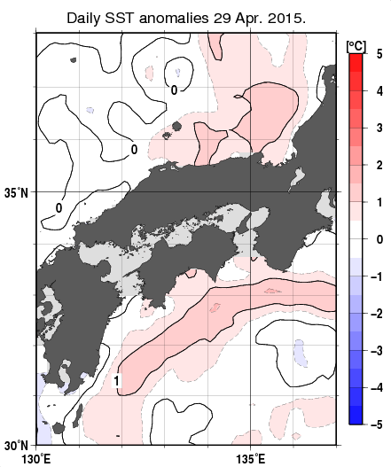 近畿・中国・四国周辺海域の海面水温平年差分布図（4月29日）