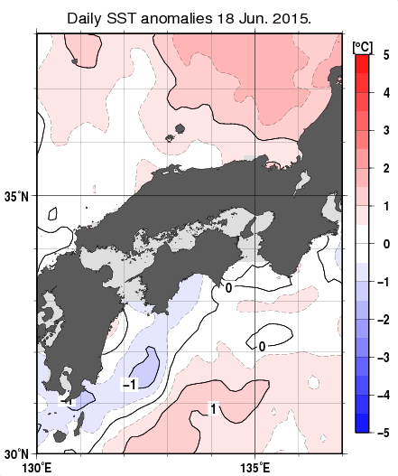 近畿・中国・四国周辺海域の海面水温平年差分布図（6月18日）