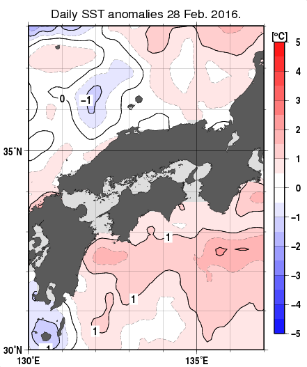 近畿・中国・四国周辺海域の海面水温平年差分布図（2月28日）