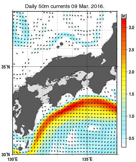 近畿・中国・四国周辺海域の深さ50mの海流分布図（3月9日）